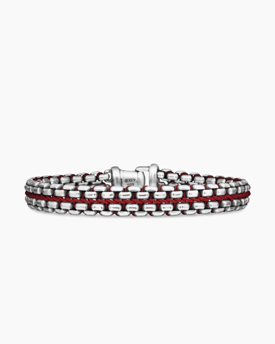 Woven Box Chain Bracelet in Sterling Silver with Red Nylon