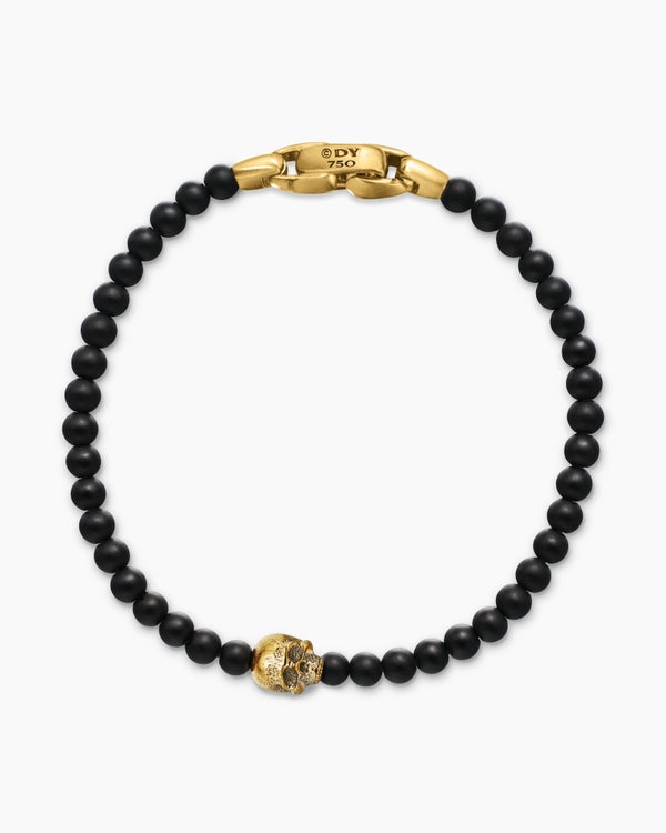 Memento Mori Skull Station Bracelet with Black Onyx and 18K Yellow Gold, 4mm