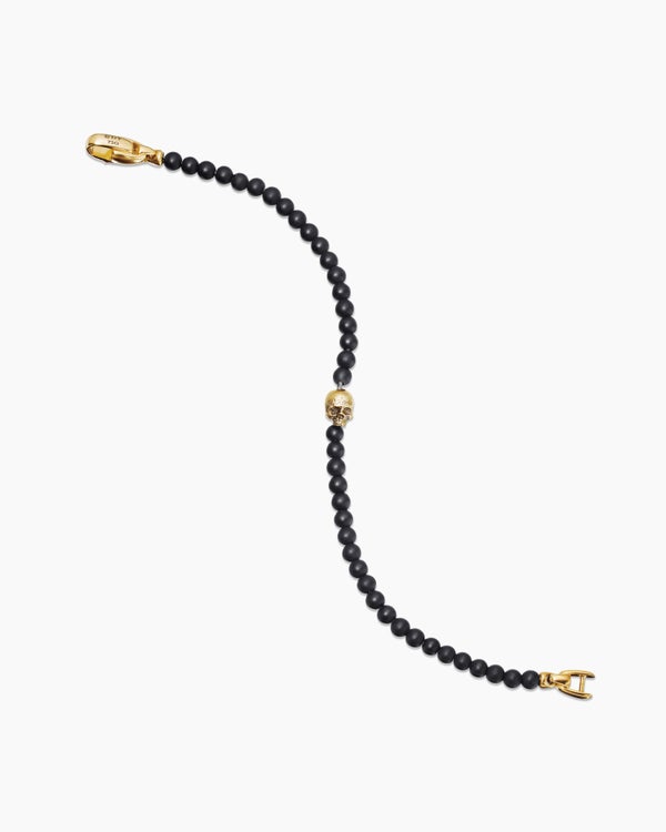 Memento Mori Skull Station Bracelet with Black Onyx and 18K Yellow Gold, 4mm