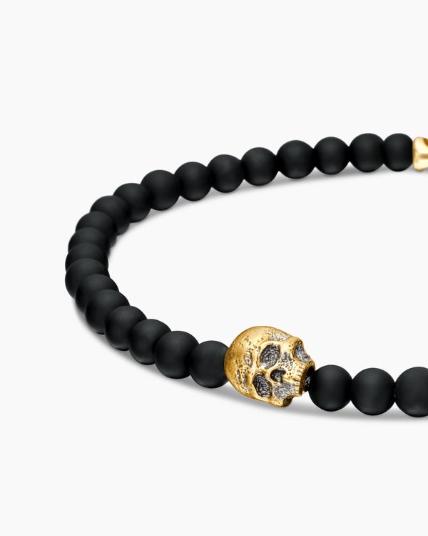 Memento Mori Skull Station Bracelet with Black Onyx and 18K Yellow Gold, 4mm