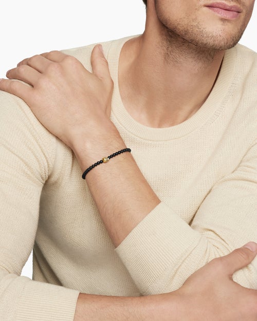 Mens Memento Mori Skull Station Bracelet with Black Onyx and 18K Yellow Gold, 4mm