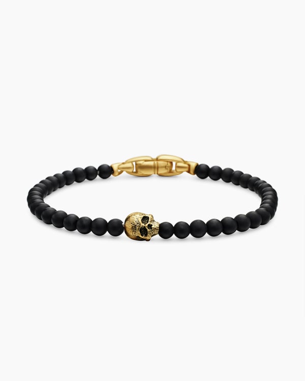 Memento Mori Skull Station Bracelet with Black Onyx and 18K Yellow Gold, 4mm