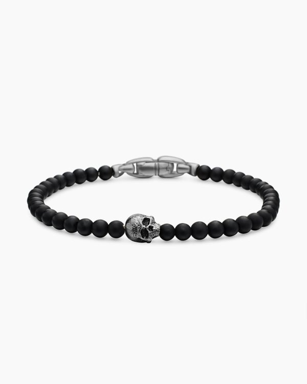 Bracelet station crâne Memento Mori en argent sterling avec onyx noir, 4 mm