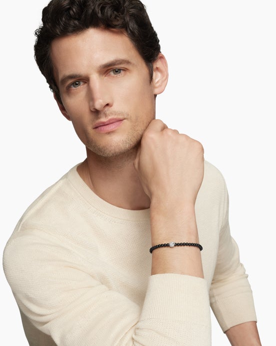 Memento Mori Skull Station Bracelet in Sterling Silver with Black Onyx and Diamonds, 4mm