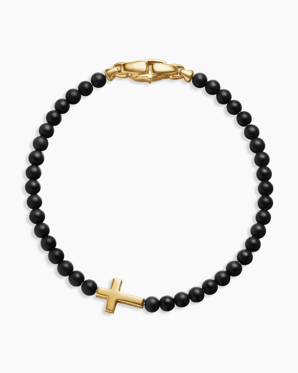 Mens Spiritual Beads Cross Station Bracelet with Black Onyx and 18K Yellow Gold, 4mm
