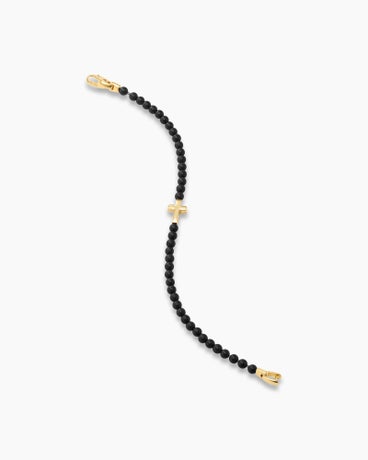 Spiritual Beads Cross Station Bracelet with Black Onyx and 18K Yellow Gold, 4mm