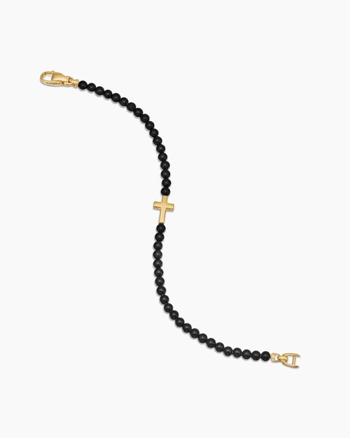 Mens Spiritual Beads Cross Station Bracelet with Black Onyx and 18K Yellow Gold, 4mm