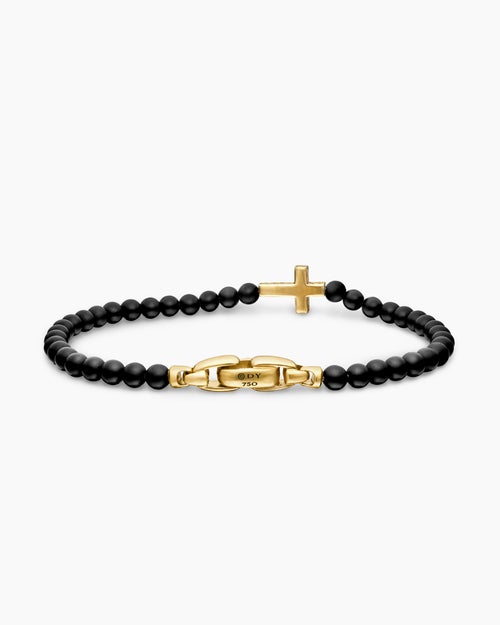 Mens Spiritual Beads Cross Station Bracelet with Black Onyx and 18K Yellow Gold, 4mm