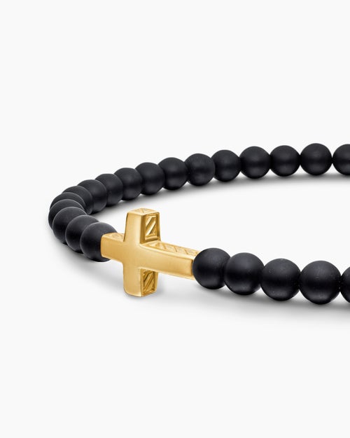 Mens Spiritual Beads Cross Station Bracelet with Black Onyx and 18K Yellow Gold, 4mm
