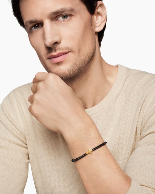 Mens Spiritual Beads Cross Station Bracelet with Black Onyx and 18K Yellow Gold, 4mm