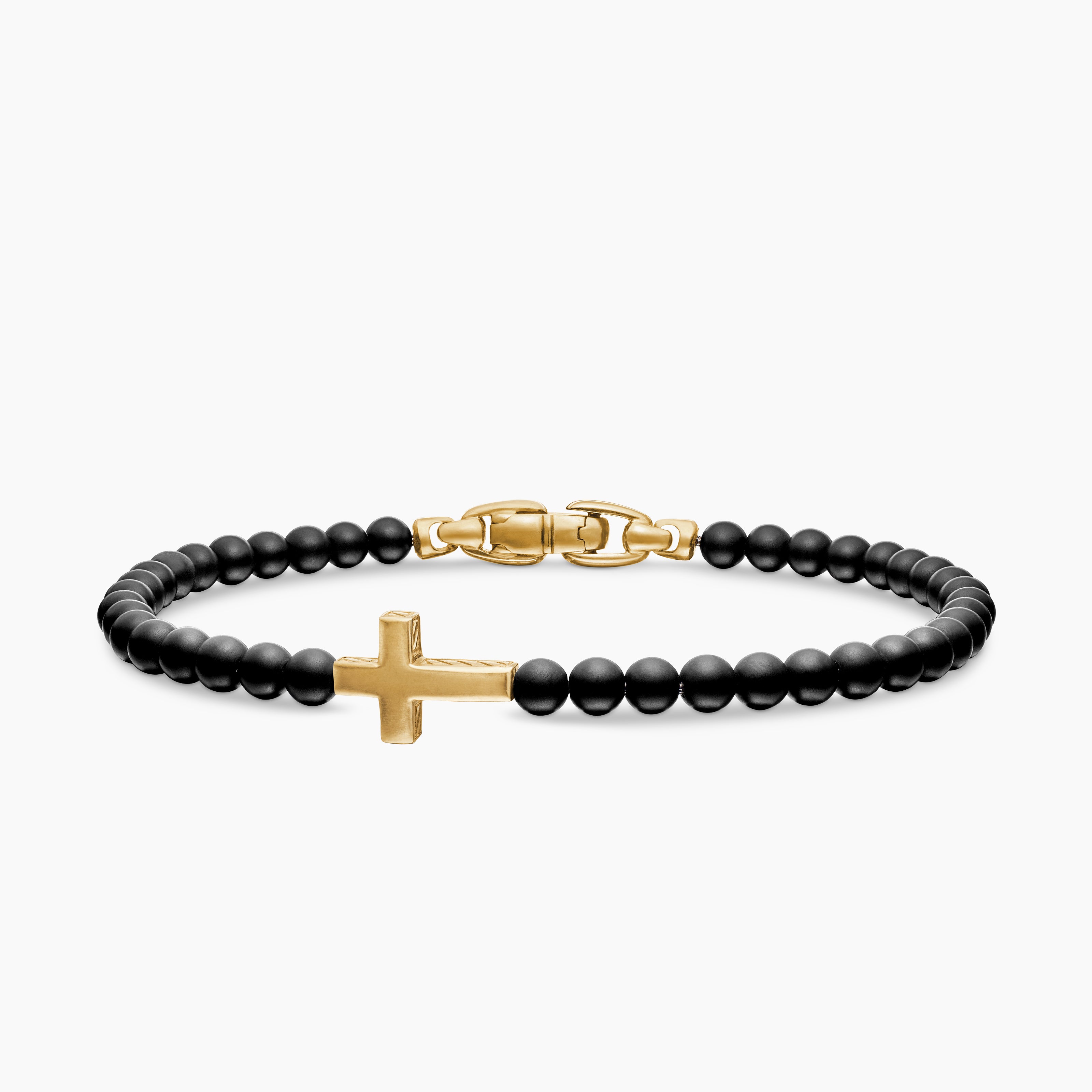 Mens Spiritual Beads Cross Station Bracelet with Black Onyx and 18K Yellow Gold, 4mm