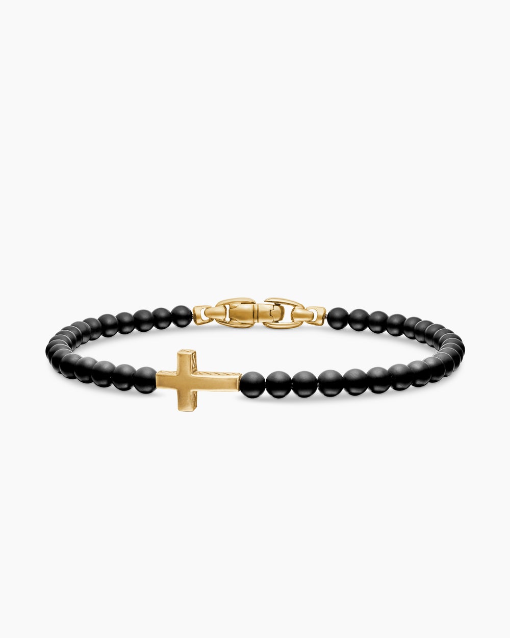 Mens Spiritual Beads Cross Station Bracelet with Black Onyx and 18K Yellow Gold, 4mm