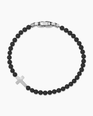 Spiritual Beads Cross Station Bracelet in Sterling Silver with Black Onyx, 4mm
