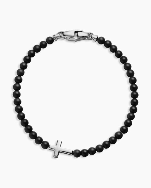 Mens Spiritual Beads Cross Station Bracelet in Sterling Silver with Black Onyx, 4mm