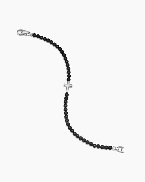 Mens Spiritual Beads Cross Station Bracelet in Sterling Silver, 4mm