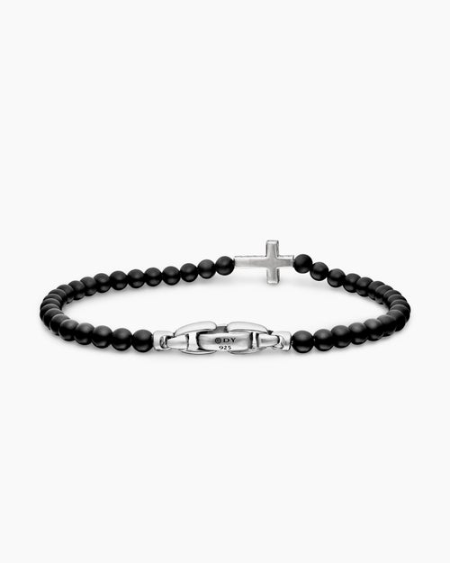 Mens Spiritual Beads Cross Station Bracelet in Sterling Silver, 4mm