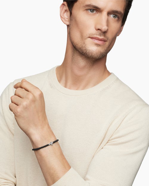 Mens Spiritual Beads Cross Station Bracelet in Sterling Silver, 4mm