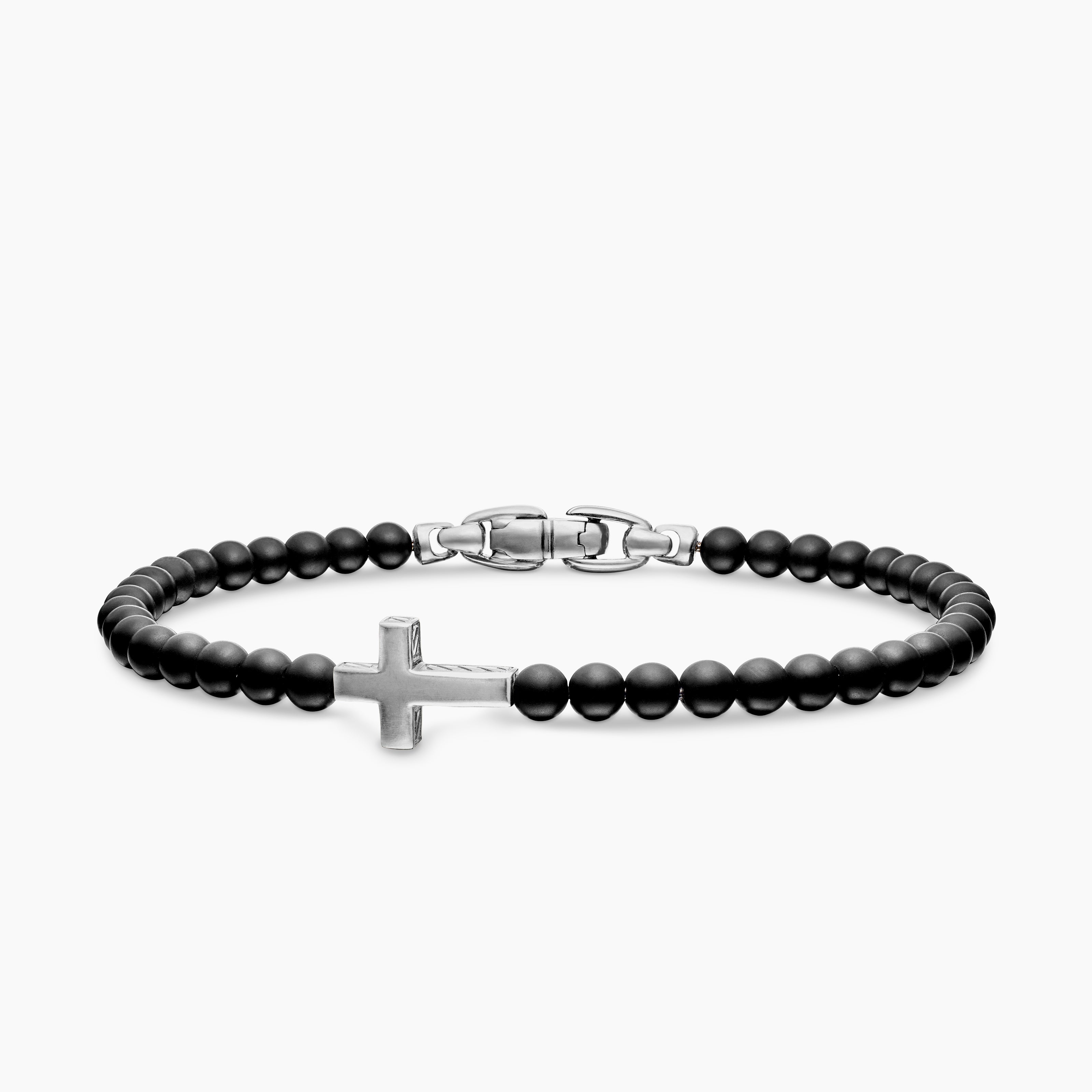 Mens Spiritual Beads Cross Station Bracelet in Sterling Silver, 4mm
