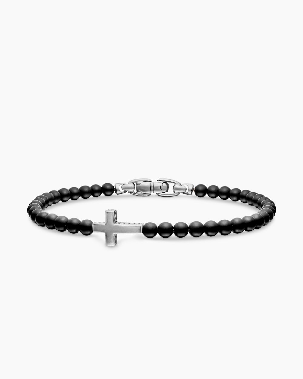 Mens Spiritual Beads Cross Station Bracelet in Sterling Silver, 4mm
