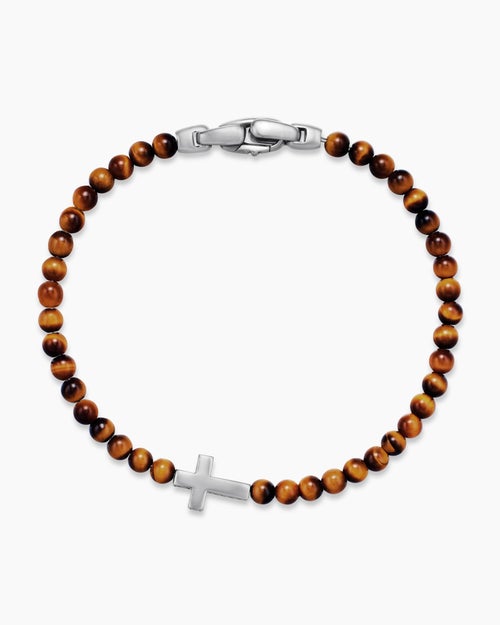 Mens Spiritual Beads Cross Station Bracelet in Sterling Silver with Tiger’s Eye, 4mm