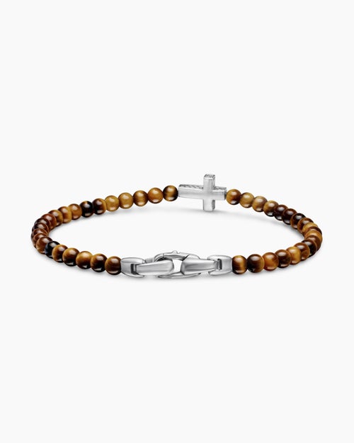 Mens Spiritual Beads Cross Station Bracelet in Sterling Silver with Tiger’s Eye, 4mm
