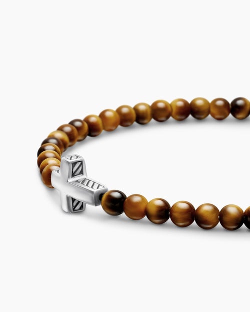 Mens Spiritual Beads Cross Station Bracelet in Sterling Silver with Tiger’s Eye, 4mm