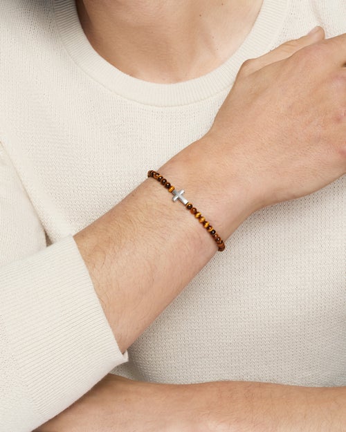 Mens Spiritual Beads Cross Station Bracelet in Sterling Silver with Tiger’s Eye, 4mm