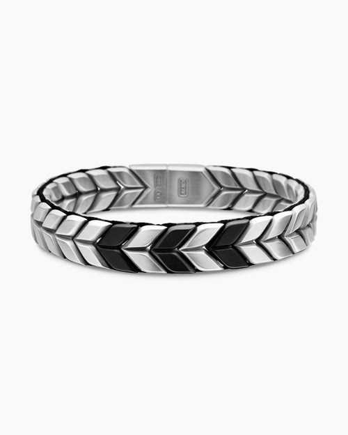 Mens Chevron Woven Bracelet in Black Titanium with Sterling Silver and Black Nylon, 12mm