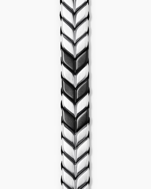 Mens Chevron Woven Bracelet in Black Titanium with Sterling Silver and Black Nylon, 12mm