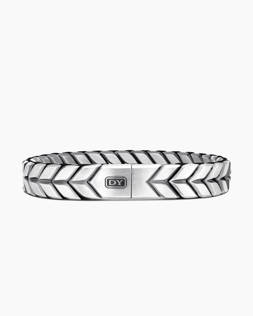 Mens Chevron Woven Bracelet in Black Titanium with Sterling Silver and Black Nylon, 12mm
