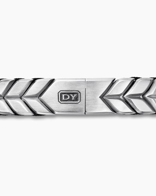 Mens Chevron Woven Bracelet in Black Titanium with Sterling Silver and Black Nylon, 12mm