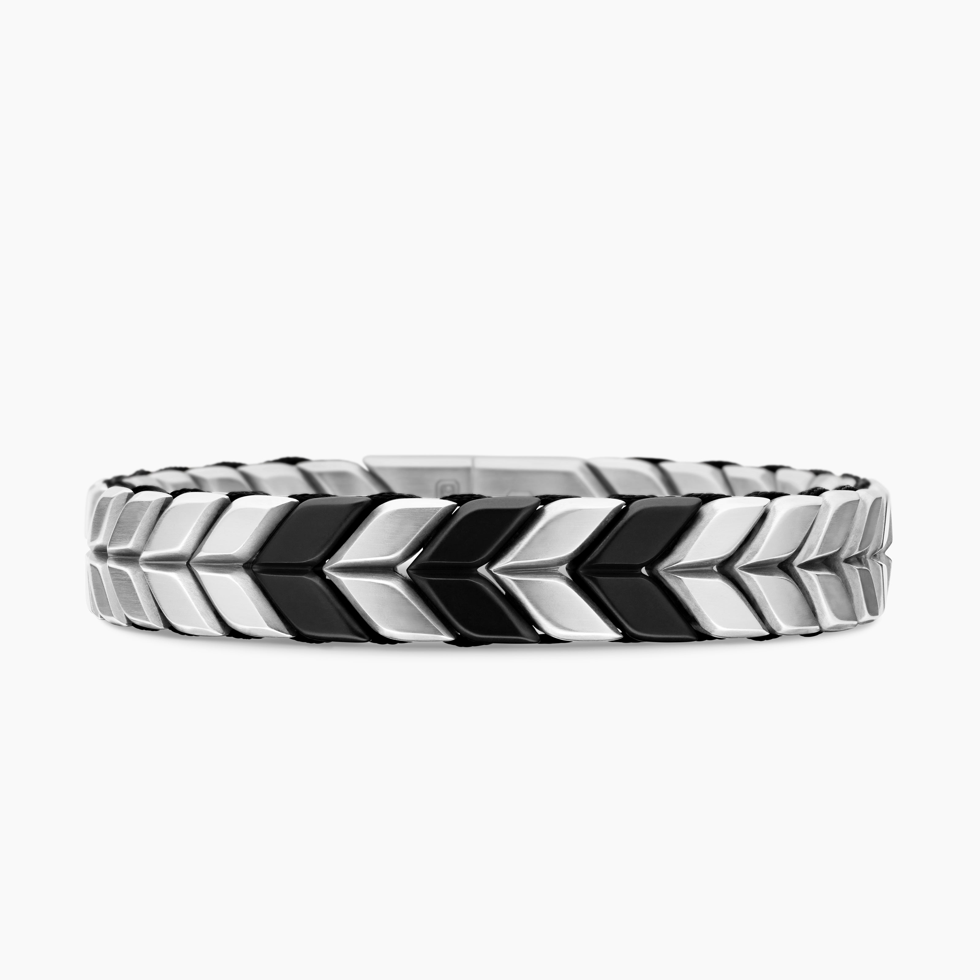 Mens Chevron Woven Bracelet in Black Titanium with Sterling Silver and Black Nylon, 12mm