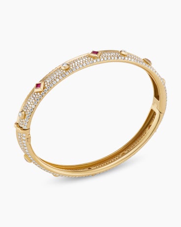 Modern Renaissance Bangle Bracelet in 18K Yellow Gold with Full Pavé Diamonds and Rubies, 8mm