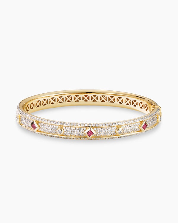 Modern Renaissance® Bangle Bracelet in 18K Yellow Gold with Full Pavé Diamonds and Rubies, 8mm