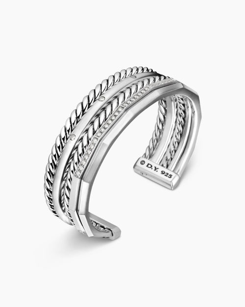Womens Stax Five Row Cuff Bracelet in Sterling Silver with Diamonds, 16mm