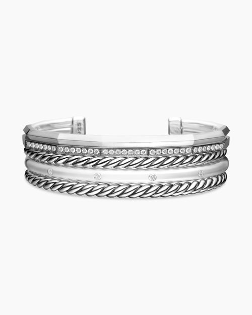 Womens Stax Five Row Cuff Bracelet in Sterling Silver with Diamonds, 16mm