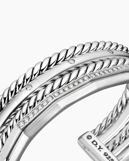 Womens Stax Five Row Cuff Bracelet in Sterling Silver with Diamonds, 16mm