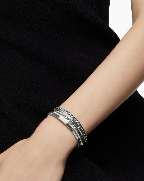 Womens Stax Five Row Cuff Bracelet in Sterling Silver with Diamonds, 16mm