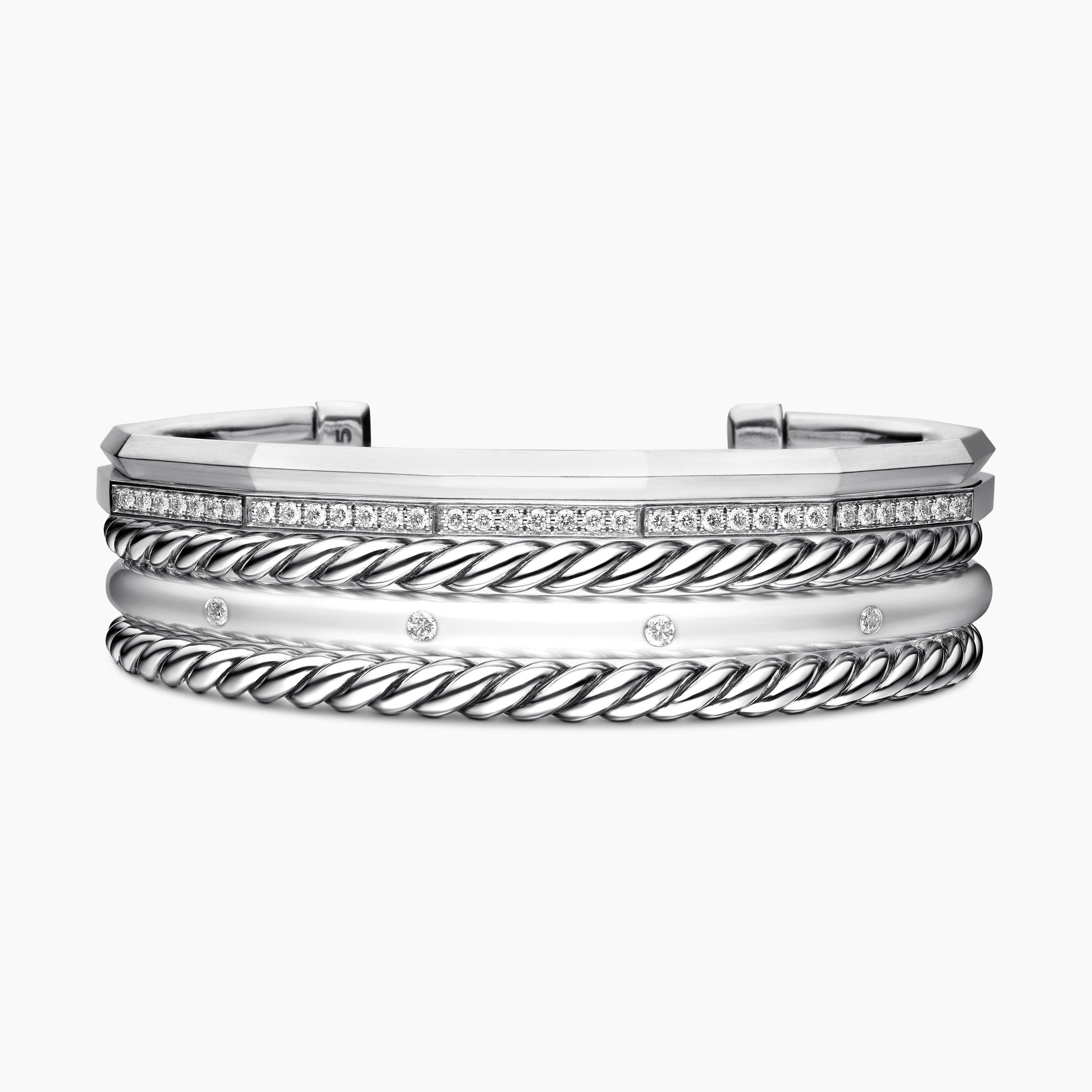 Womens Stax Five Row Cuff Bracelet in Sterling Silver with Diamonds, 16mm