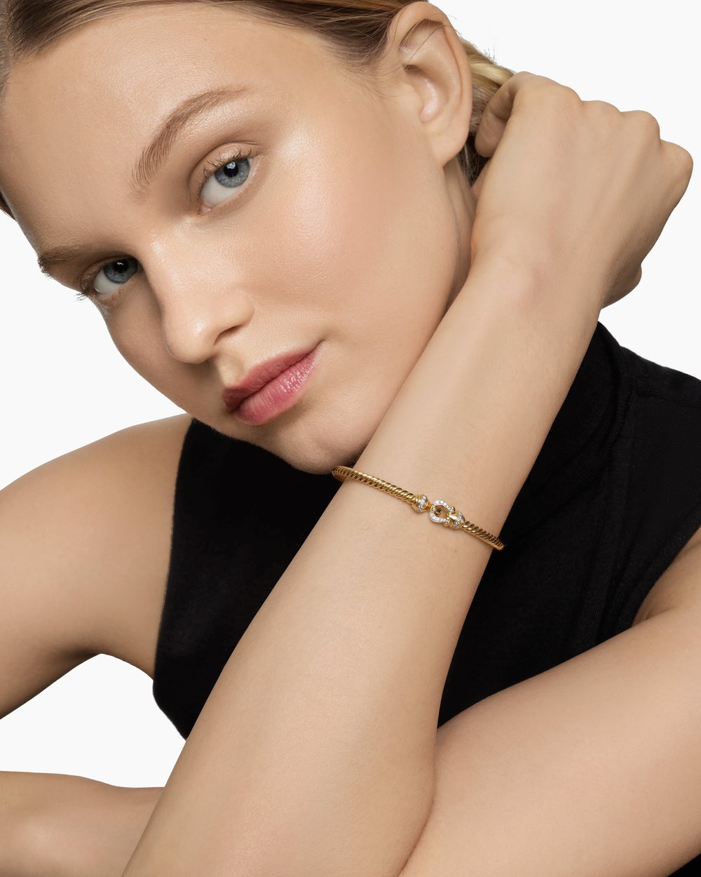 Womens Buckle Cablespira Bracelet in 18K Yellow Gold with Diamonds, 3.5mm
