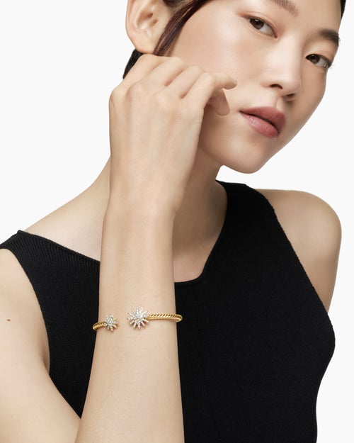 Womens Starburst Cable Bracelet in 18K Yellow Gold with Diamonds, 3.5mm