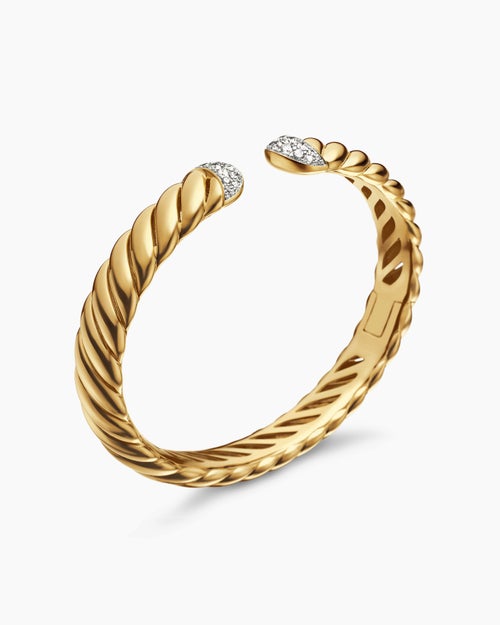 Womens Sculpted Cable Cuff Bracelet in 18ct Yellow Gold with Diamonds, 10mm