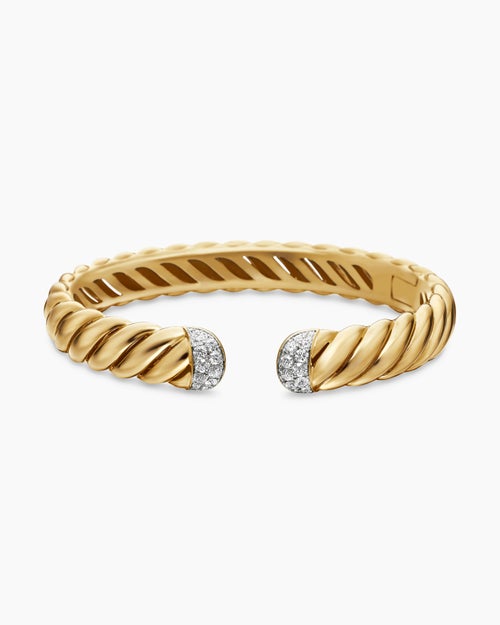 Womens Sculpted Cable Cuff Bracelet in 18ct Yellow Gold with Diamonds, 10mm