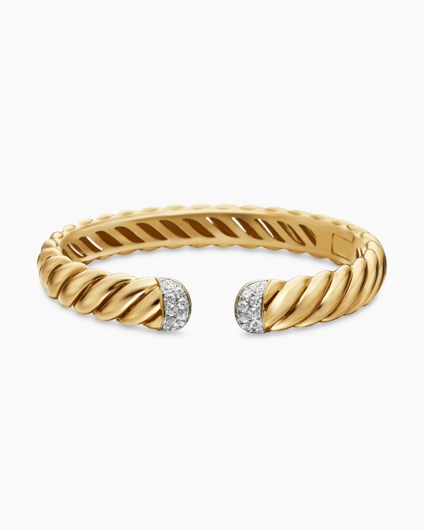 Sculpted Cable Cuff Bracelet in 18K Yellow Gold with Diamonds, 10mm