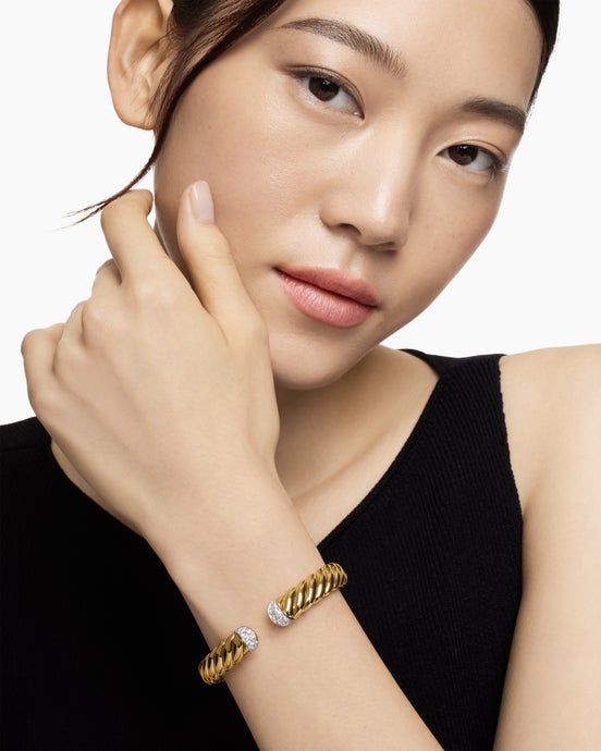 Sculpted Cable Cuff Bracelet in 18K Yellow Gold with Diamonds, 10mm