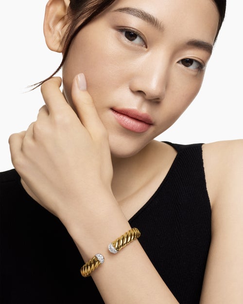 Womens Sculpted Cable Cuff Bracelet in 18ct Yellow Gold with Diamonds, 10mm