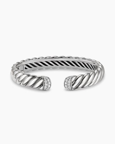 Sculpted Cable Cuff Bracelet in Sterling Silver with Diamonds, 10mm