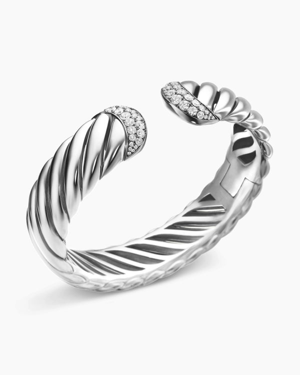 Sculpted Cable Cuff Bracelet in Sterling Silver with Diamonds, 17mm