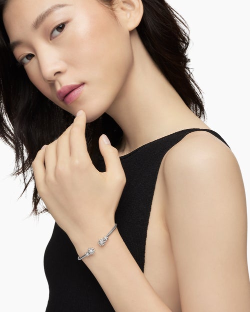 Womens Starburst Cable Bracelet in Sterling Silver with Diamonds, 3.5mm