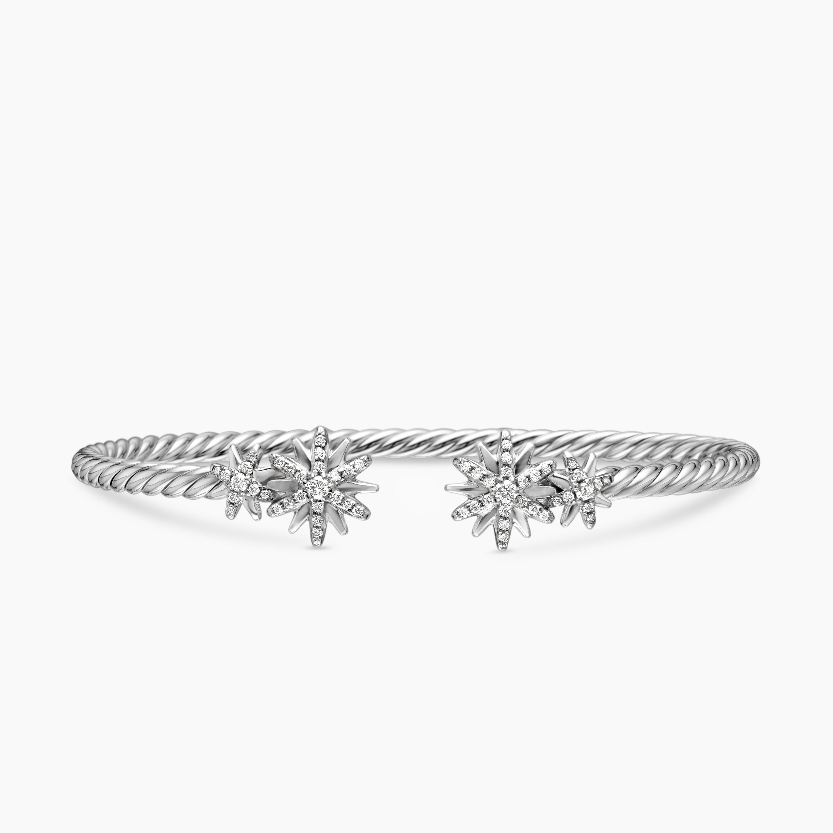 Womens Starburst Cable Bracelet in Sterling Silver with Diamonds, 3.5mm